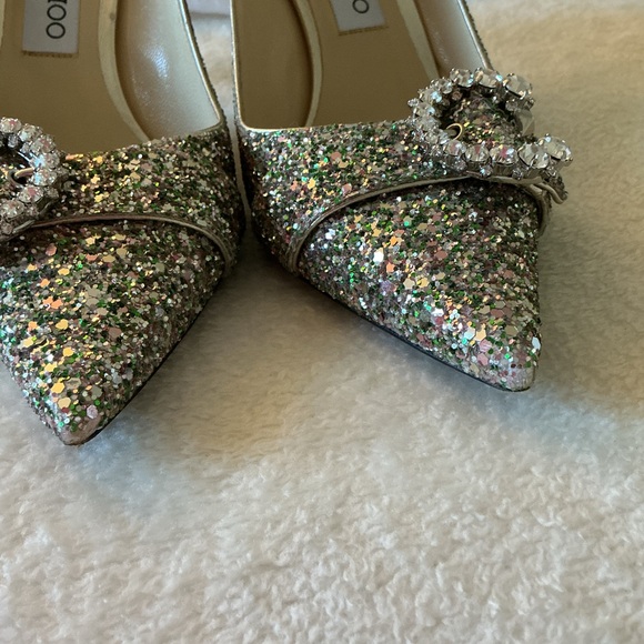 Rare Jimmy Choo Green Saresa 85 Glittered Court Shoes With Crystal Buckle - Picture 6 of 9